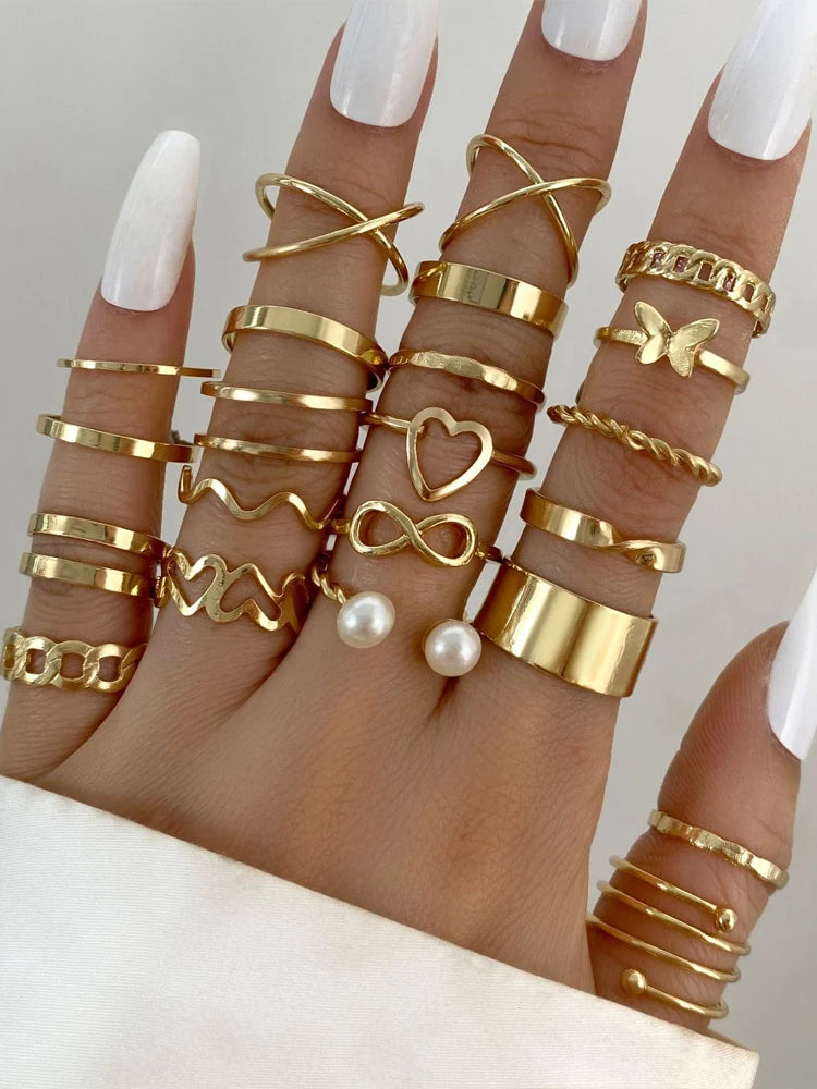 28tlg. Modischer Ring-Set für Damen, herzförmiges Design, geometrisches böhmisches Element, Akzentring, Alltag, Dating, Party Schmuck 2025