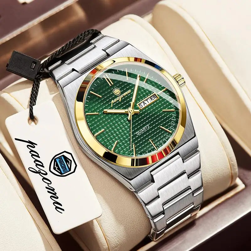 PAAZOMU Reloj de hombre de lujo original, a la moda, luminoso, impermeable, cronógrafo, con fecha, para hombre, de cuero, de cuarzo, Reloj
