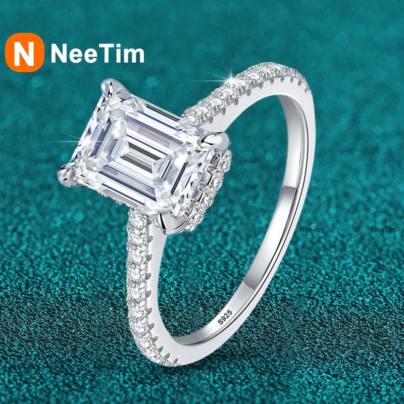 NeeTim 1ct 2ct 3ct Moissanitringe mit Smaragdschliff für Damen 925er Sterlingsilber Labordiamant Verlobungsring Edelsteinband
