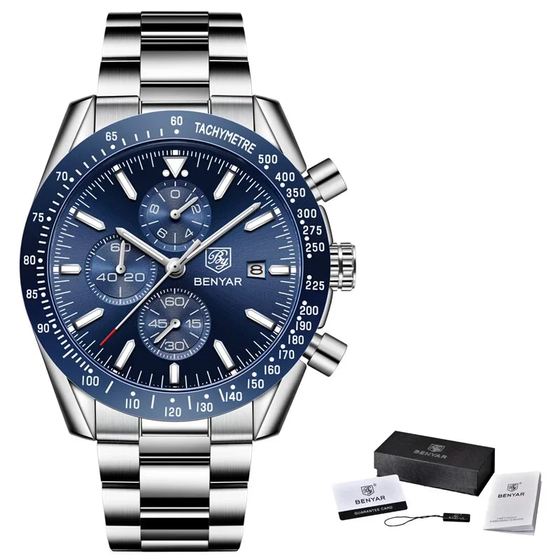 Reloj de hombre BENYAR, de marca superior de lujo, totalmente de acero, con movimiento de cuarzo para negocios, informal, impermeable, deportivo, Relogio Masculino