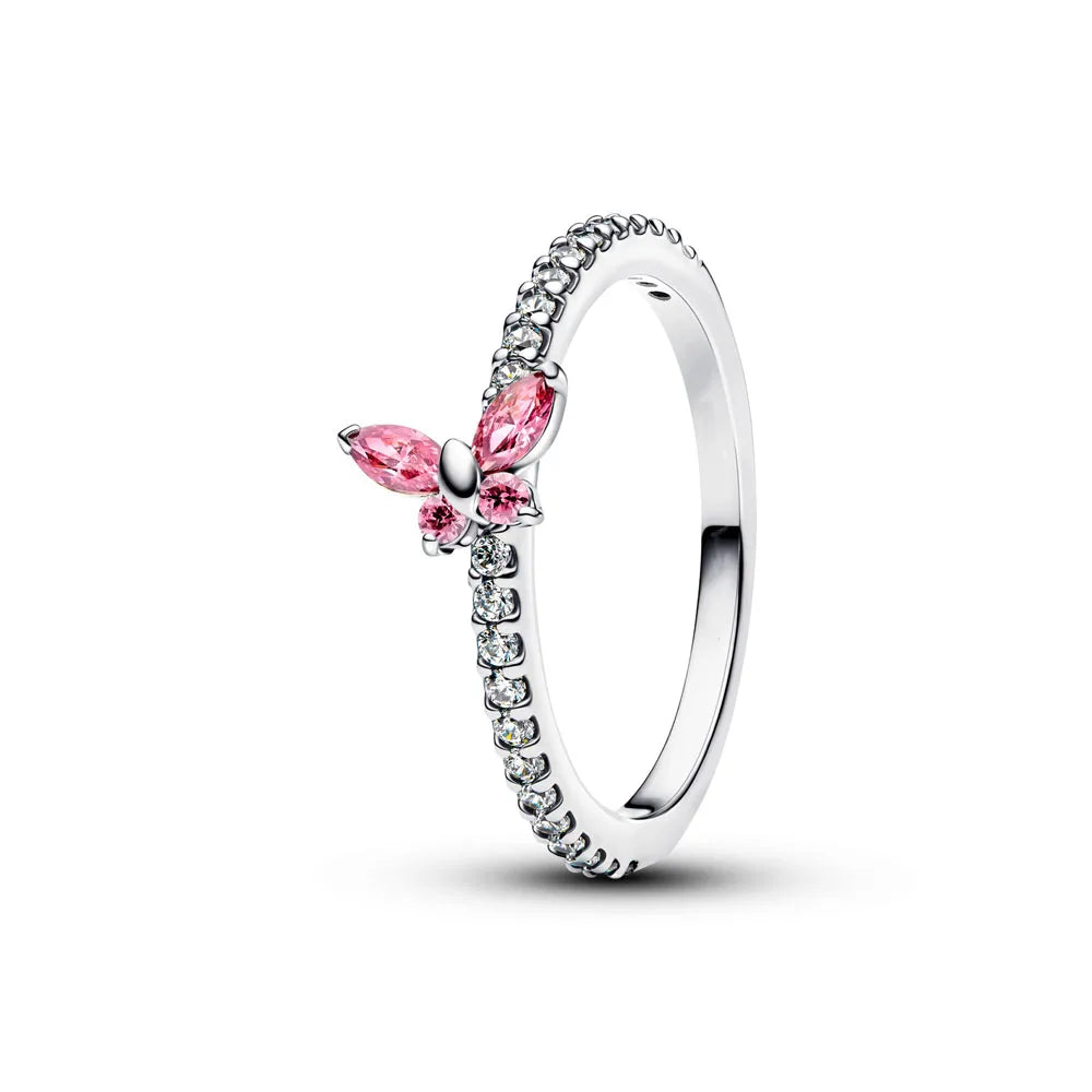 2026 Heiß verkaufter Ring aus 925er Sterlingsilber mit Herz-, Schmetterlings- und Blumenmotiv, exquisites und charmantes Schmuckgeschenk für europäische Frauen