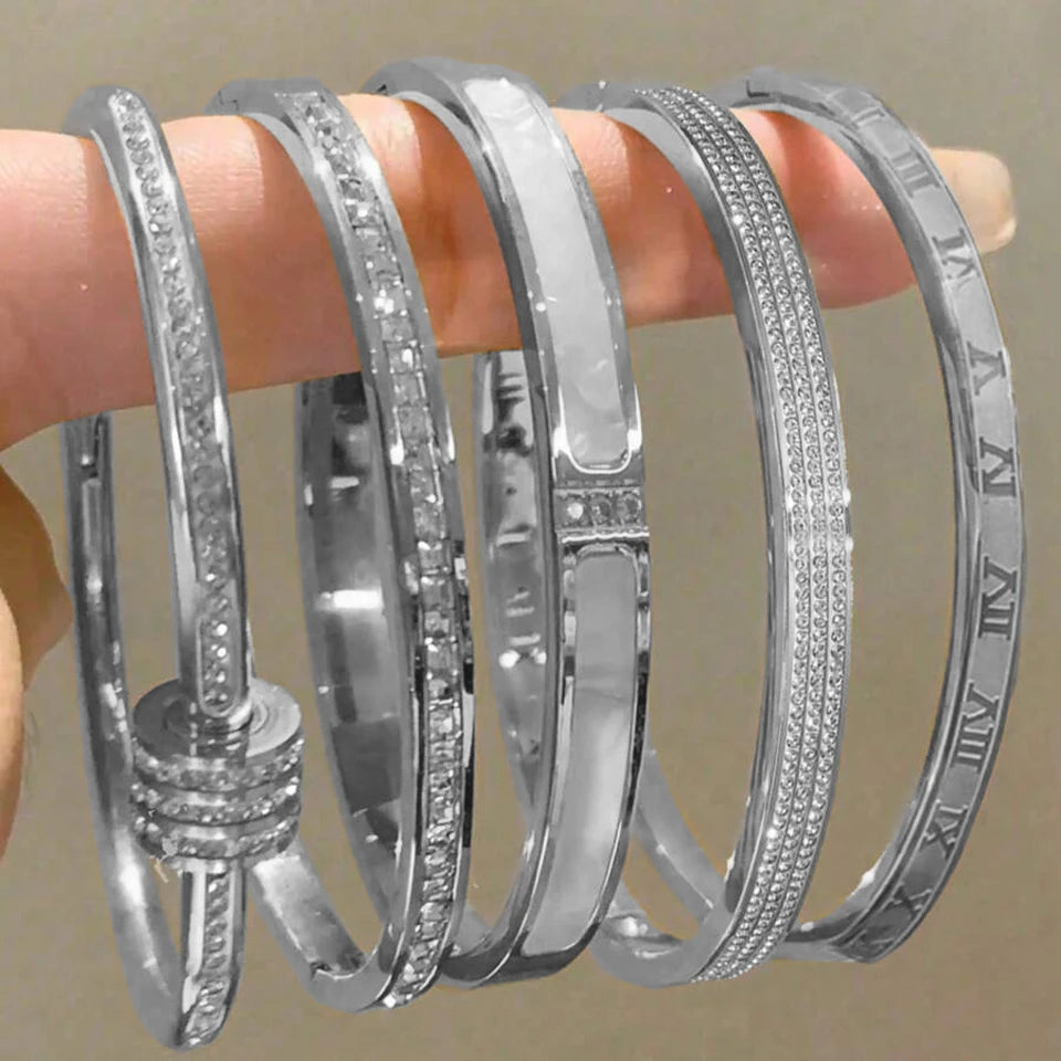 Yupsk Titanium Steel Couple's Bracelet Shiny Zircon Inlaid Stainless Steel Bangles Gold/Silver Color Female Jewelry Gift