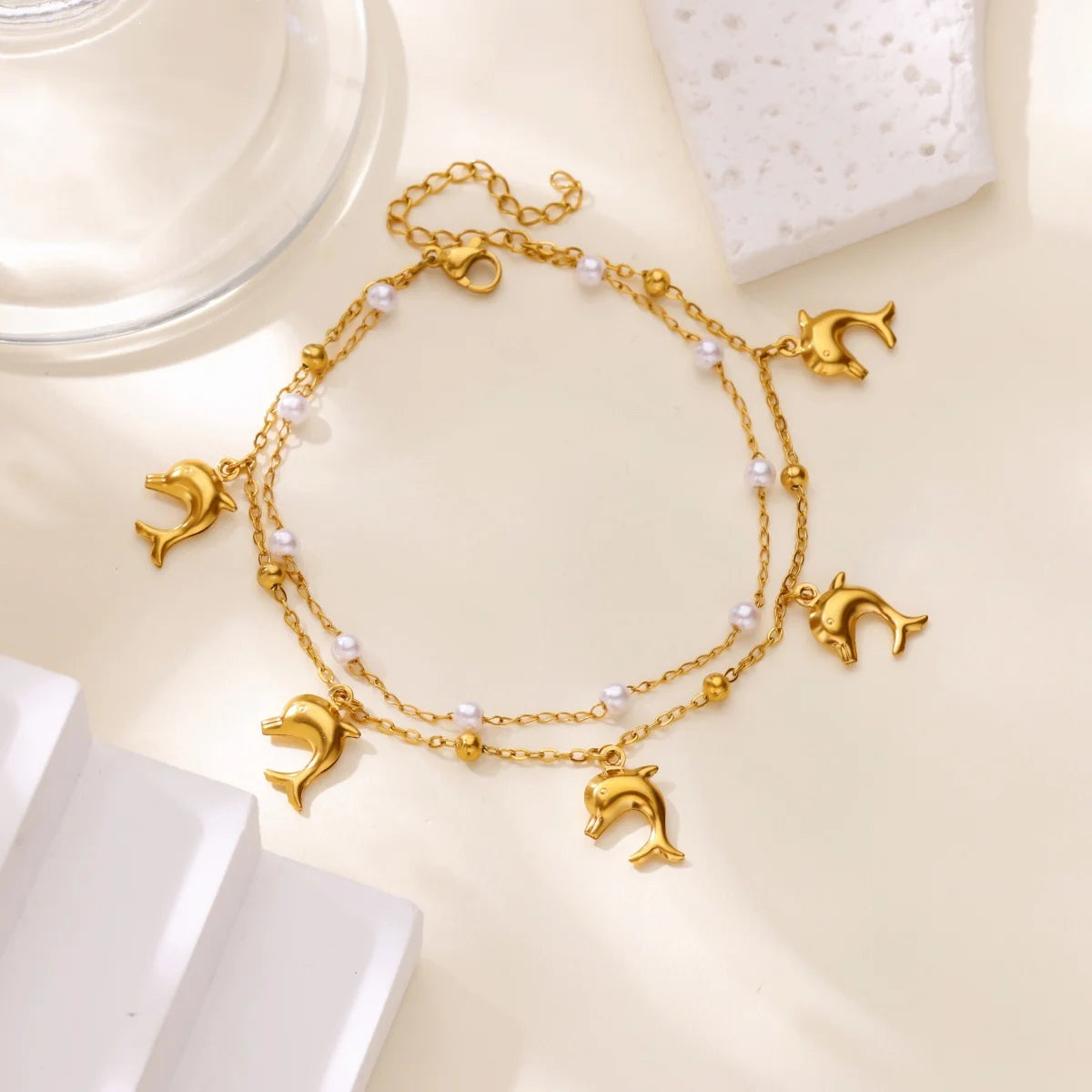 Edelstahl-Imitationsperlen-Fußkettchen für Damen, goldfarbene Kette, Knöchel-Armband, Fußkettchen, Sommer-Strandschmuck-Accessoires, Geschenk