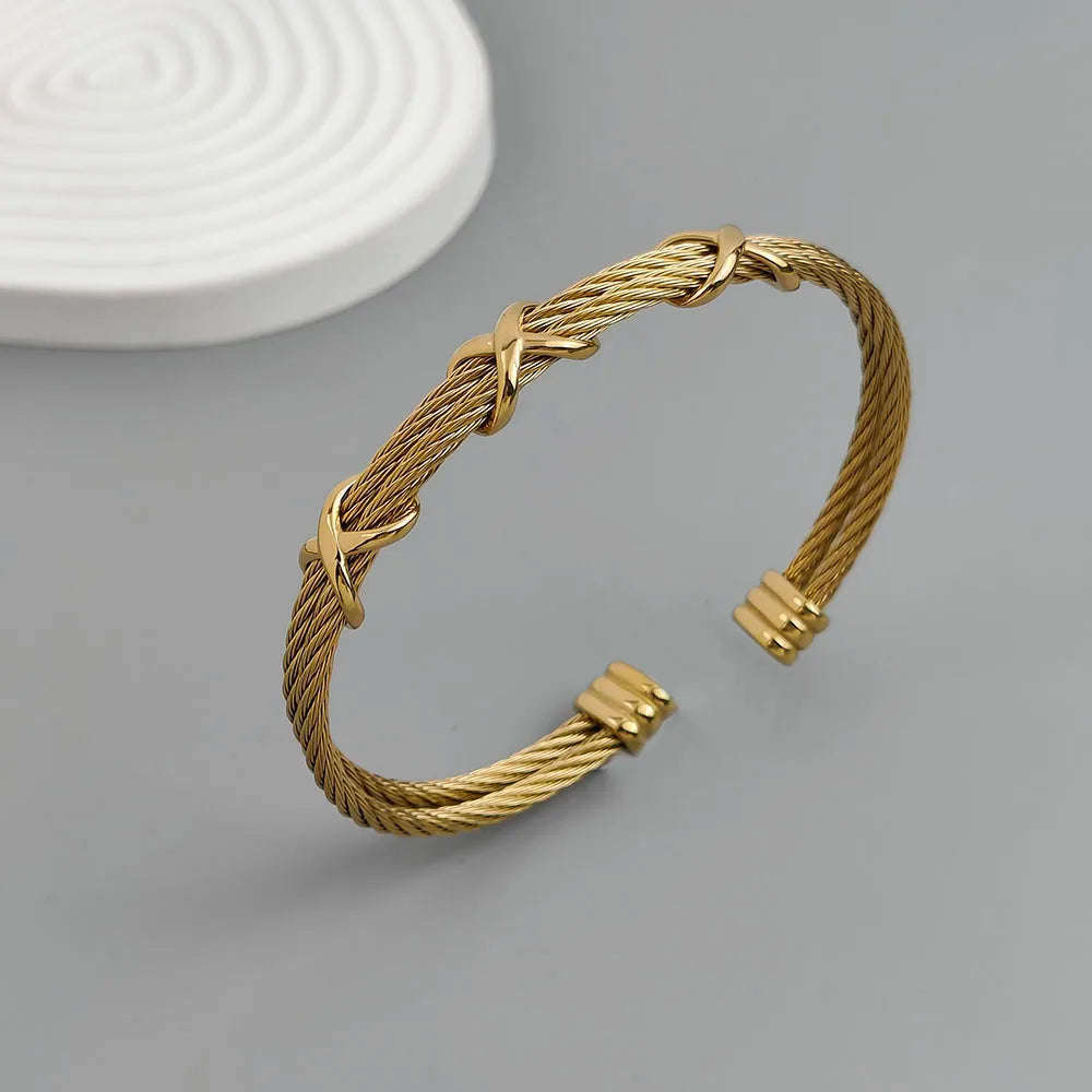 Original doppelreihiges Edelstahl-Drahtarmband in Kreuzform, vergoldet, wasserdicht und rostfrei, Paararmband