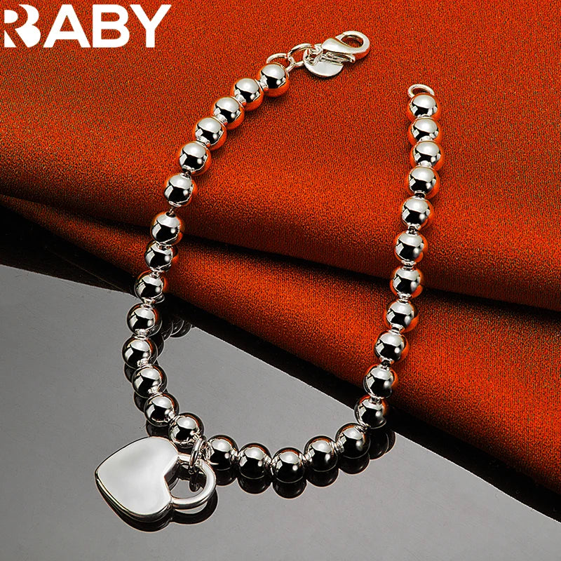 URBABY 925 Sterling Silber Glatte Perlenkette Herz Anhänger Armband für Frauen Hochzeit Party Modeschmuck Geschenk