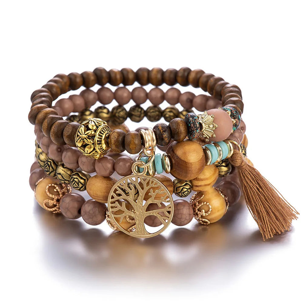 Boho Lebensbaum-Armband-Set für Frauen, modische Quasten, Charms, Holzperlen, elastische Kette, Armreif, trendiger Party-Schmuck für Mädchen