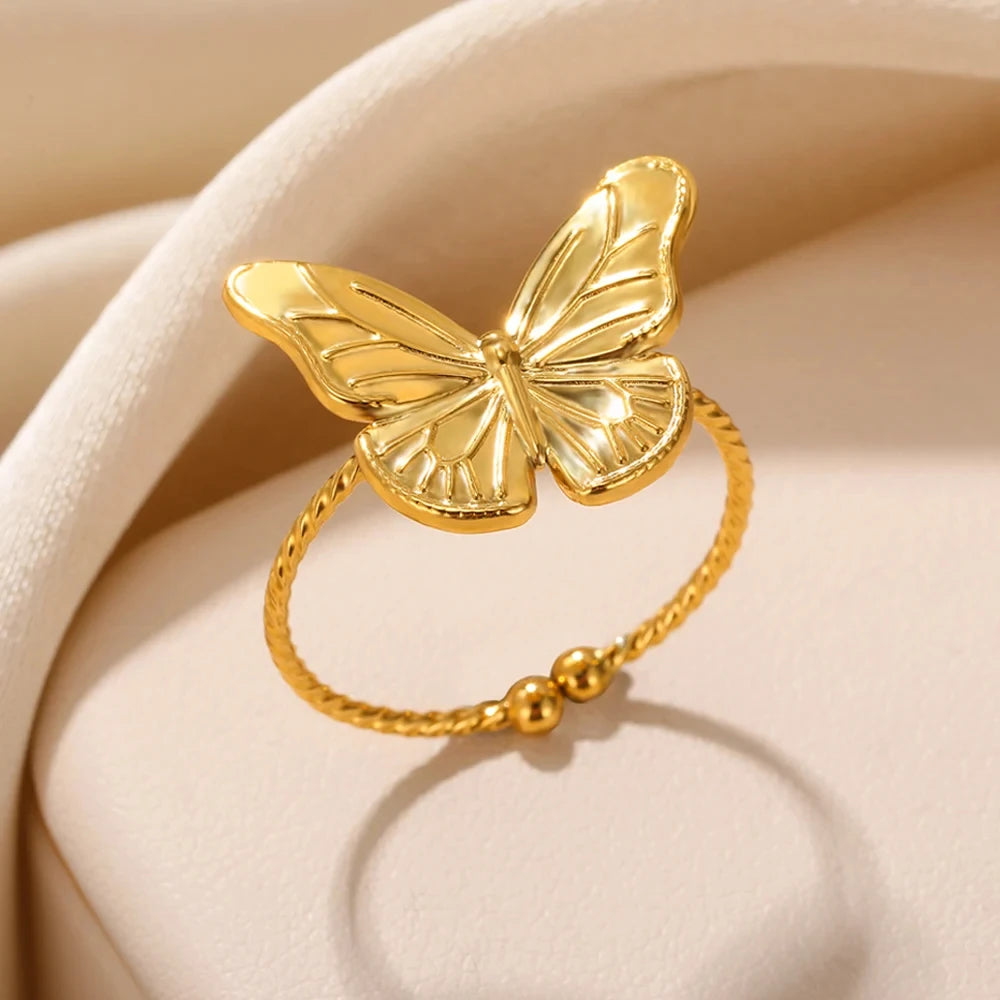 Edelstahl Sonnenringe für Frauen Goldfarbe Sonne Schmetterling Finger Verstellbarer Ring Ästhetischer Mode Hochzeitsschmuck Geschenk
