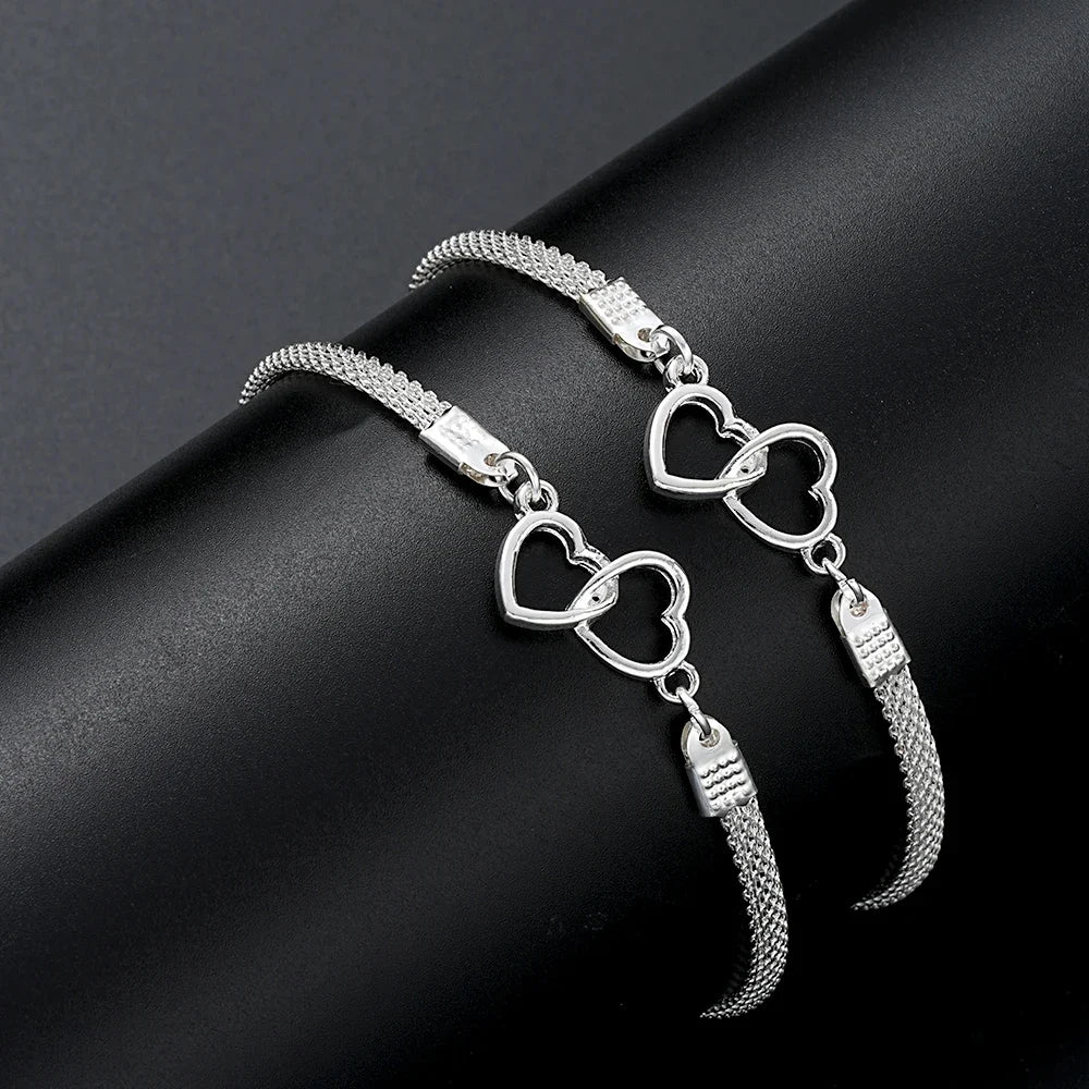2 Pcs Set Love Heart Couple Bracelets for Women Men Silver Color Double Layer Matching Chain Bracelet Lover Jewelry Gift
