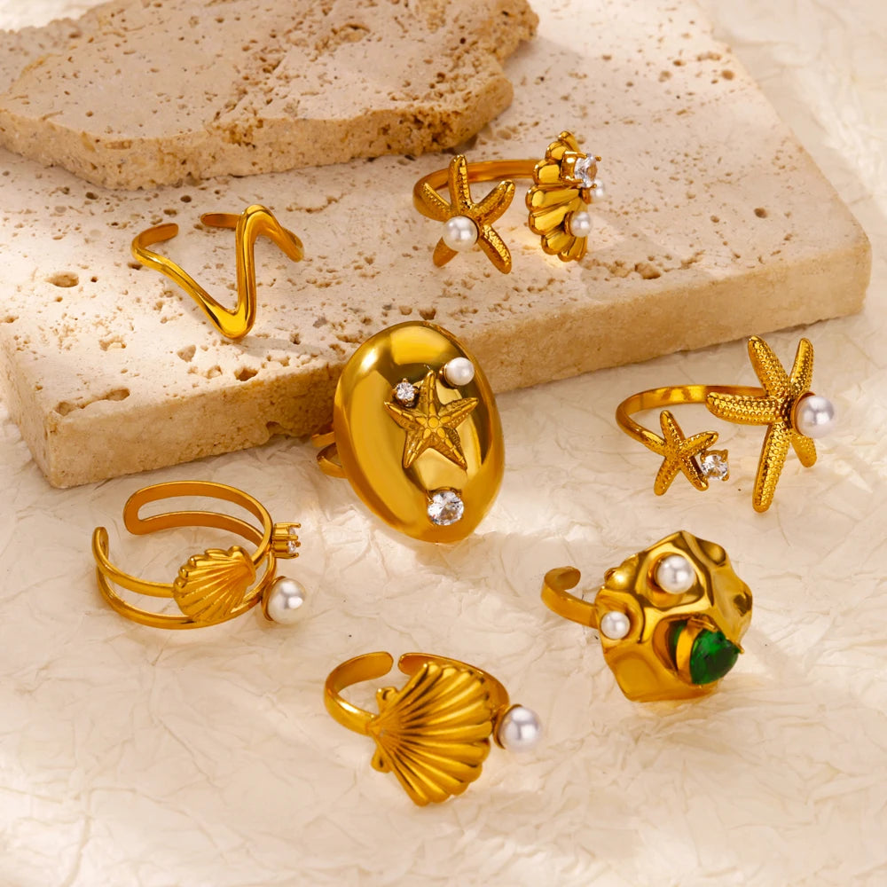 2025 Anillos de agua dulce de acero inoxidable con perlas, estrellas de mar y conchas para mujer, de color dorado, estilo punk vintage, joyería impermeable para la playa
