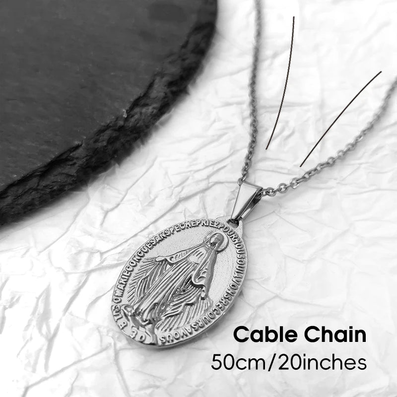 Collar de medalla de la Virgen María de oferta - Chapado en oro de 18 quilates y acero inoxidable 316L, colgante religioso, regalos católicos para mujeres y hombres
