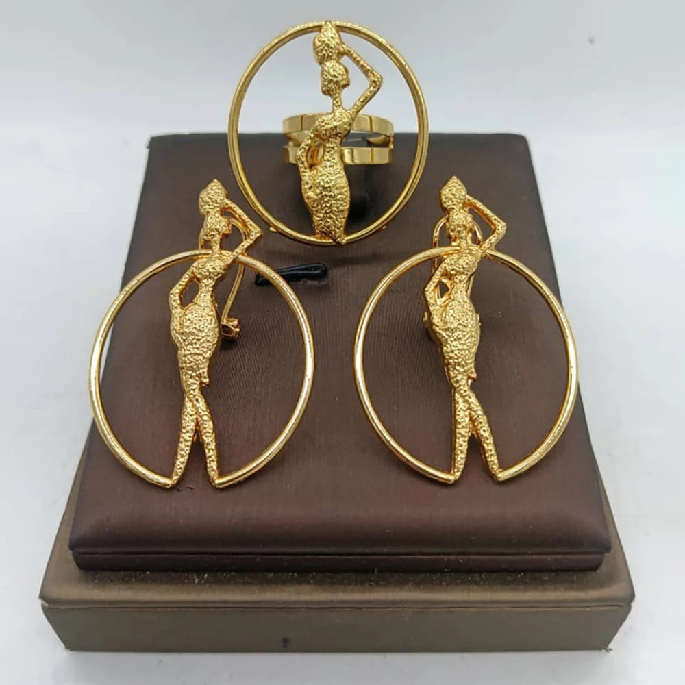 Afrikanischer Goldschmuck-Set für Frauen, Statement-Design, Clip-Ohrringe und Fingerring, 2-teiliges Set für Hochzeiten, Brautschmuck