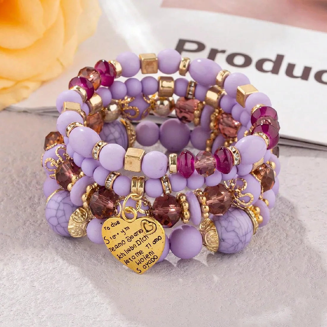 4er-Set Boho Kristallperlen-Kettenarmbänder für Damen, Vintage Herz-Anhänger, elastisches Armband, Damen Mode Party Schmuck