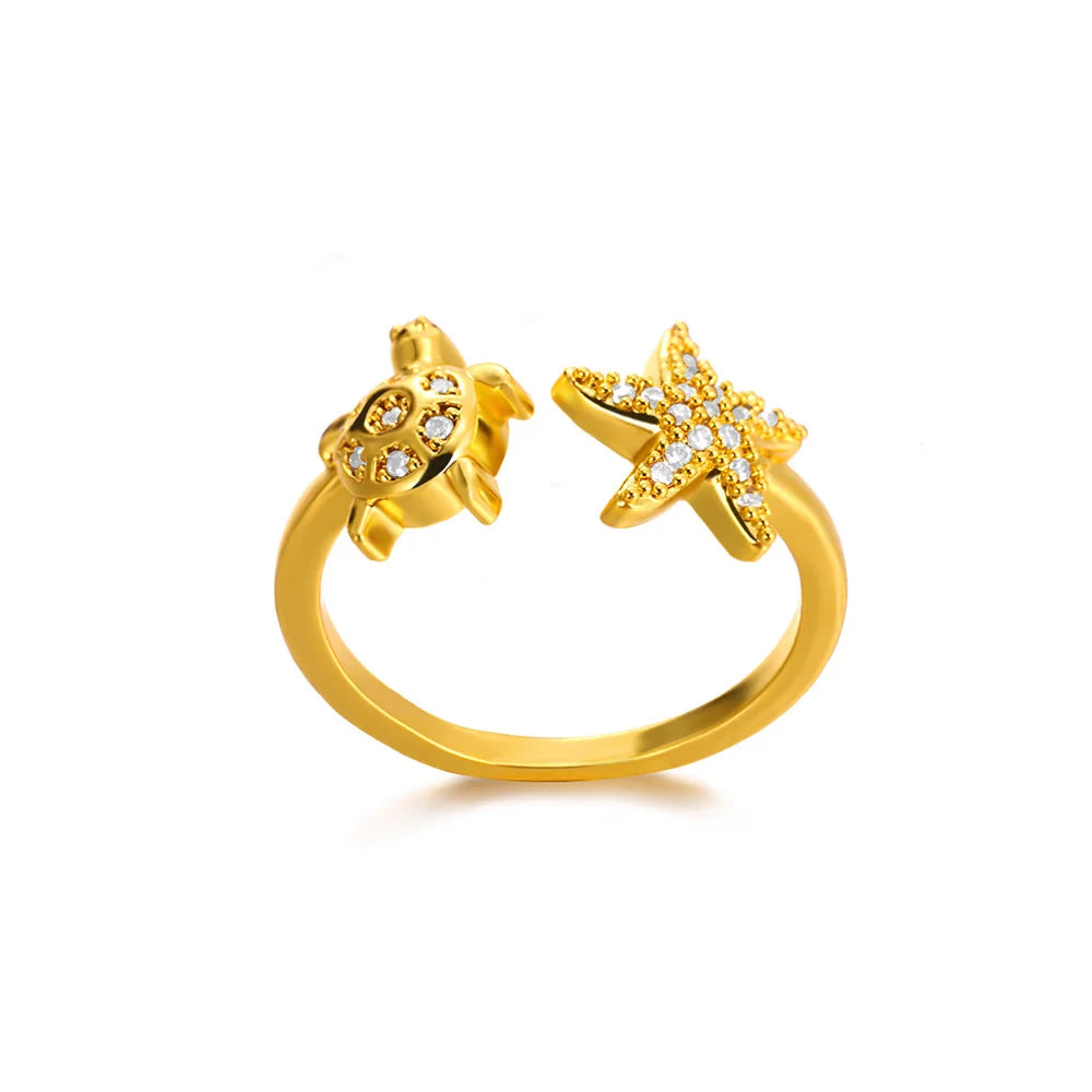 316L Edelstahl Seestern Muschel Ringe für Frauen Gold Farbe Offener Fingerring Femme Trendiger Sommerurlaub Ozean Schmuck Geschenk