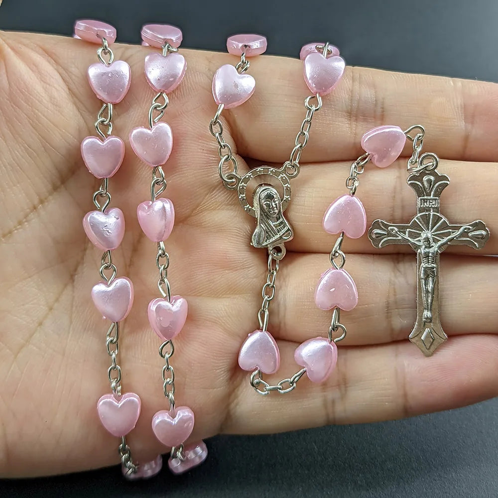 Rosenkranz-Halskette für Frauen, Kreuz INRI, Jungfrau Maria Anhänger, rosa Herz-Kette, weiblicher Religions-Gebets-Party-Schmuck