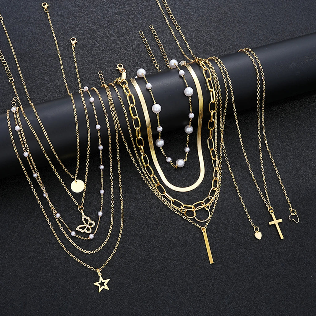 Juego de 11 gargantillas de perlas simples para mujer, collares de moda en capas con dijes de estrella, cruz, corazón, regalo de joyería