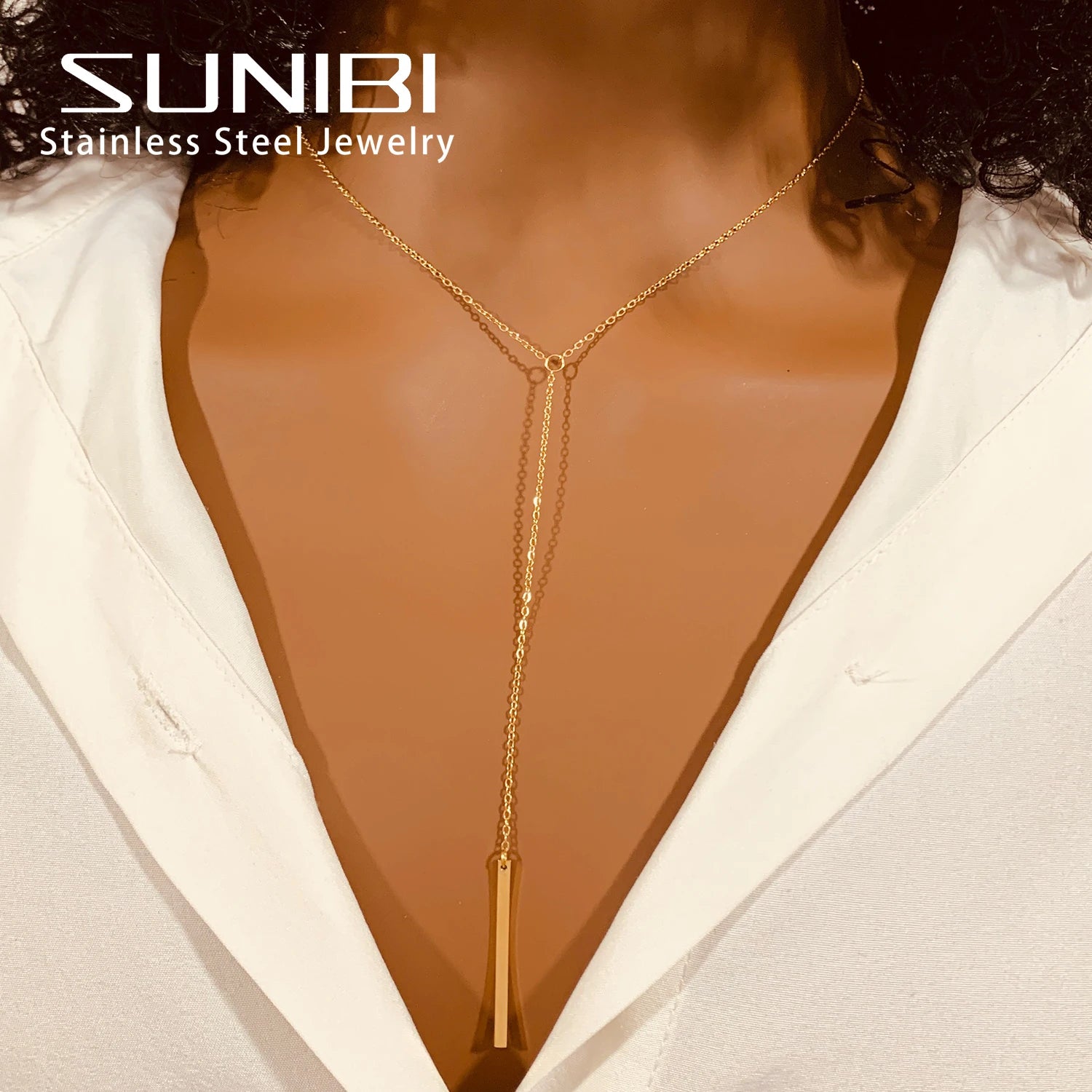 SUNIBI Vertical Bar Pendant Necklaces Stainless Steel Simple Long Lariat Chain Minimalist Dangle Necklace for Women Jewelry Gift