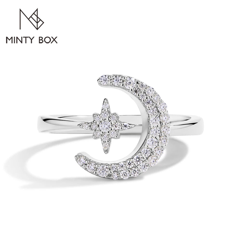 MINTYBOX 0.242CTW Stern Mond S925 Sterlingsilber Moissanit Ringe für Damen Labor Diamant Ring 18K Vergoldet Hochzeit Schmuck Geschenk
