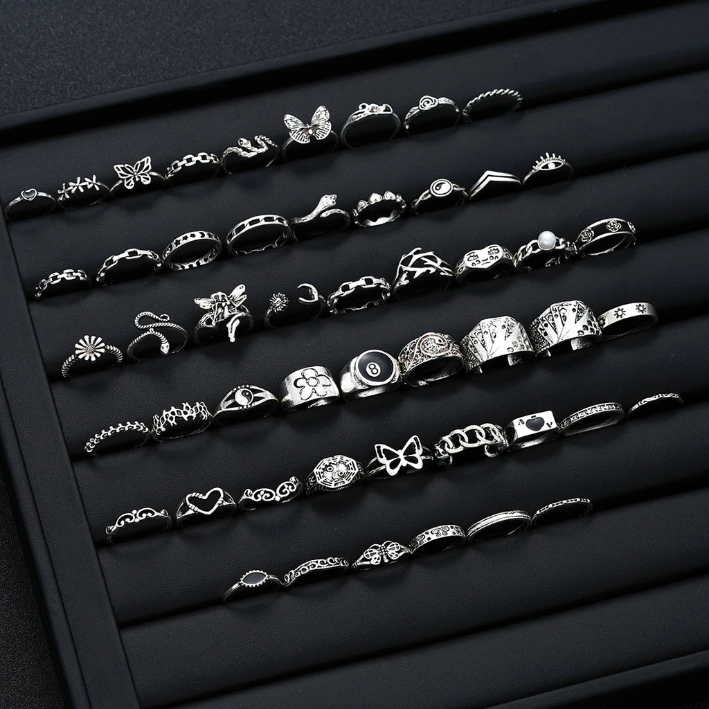 51tlg. Gothic Punk Ring Set für Damen Herren Mode Schmetterling Herz Schlange Design Match Ring Alltag Halloween Schmuck Geschenke Neu