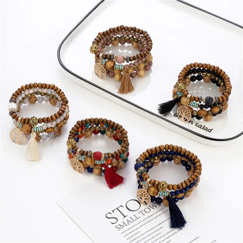 4 Stück Bohemia Lebensbaum Charm Perlenarmband Set für Damen Handgemachte Holzperlen Kette Armreif Weiblicher Boho Schmuck
