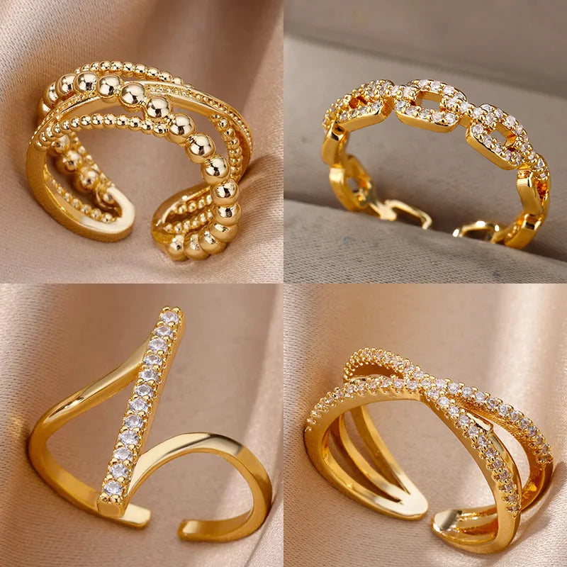 Zirkon Geometrische Ringe für Frauen Goldfarben Edelstahl Öffnungsring Luxus Hochzeitsfeier Ästhetischer Schmuck Geschenk Femme 2024