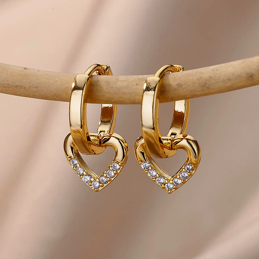 Hohle Zirkon-Herzohrringe für Frauen, Edelstahl, Goldfarben, Herz-Ohrring, Luxuriöser Hochzeitsschmuck für Paare, Geschenk, kostenloser Versand