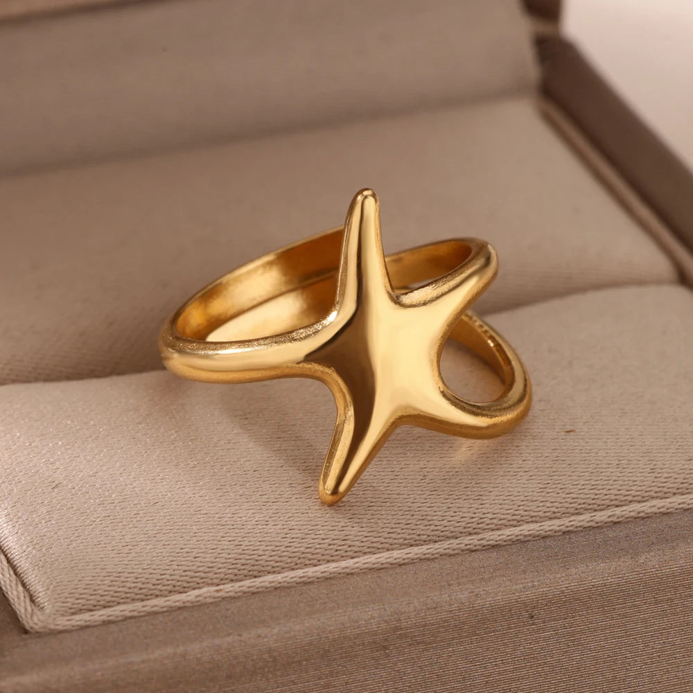 Anillos Abiertos de Acero Inoxidable con Concha de Estrella de Mar para Mujer, Anillo Ajustable Color Oro para Dedo, Joyas de Moda para Vacaciones en el Mar, Regalos