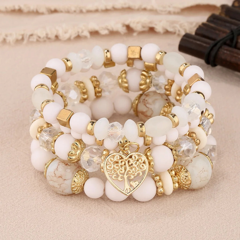 4 Stück Lebensbaum Herz Armband Set Für Frauen Acryl Glasperlen Kette Elastisches Armband Weibliche Mode Party Schmuck