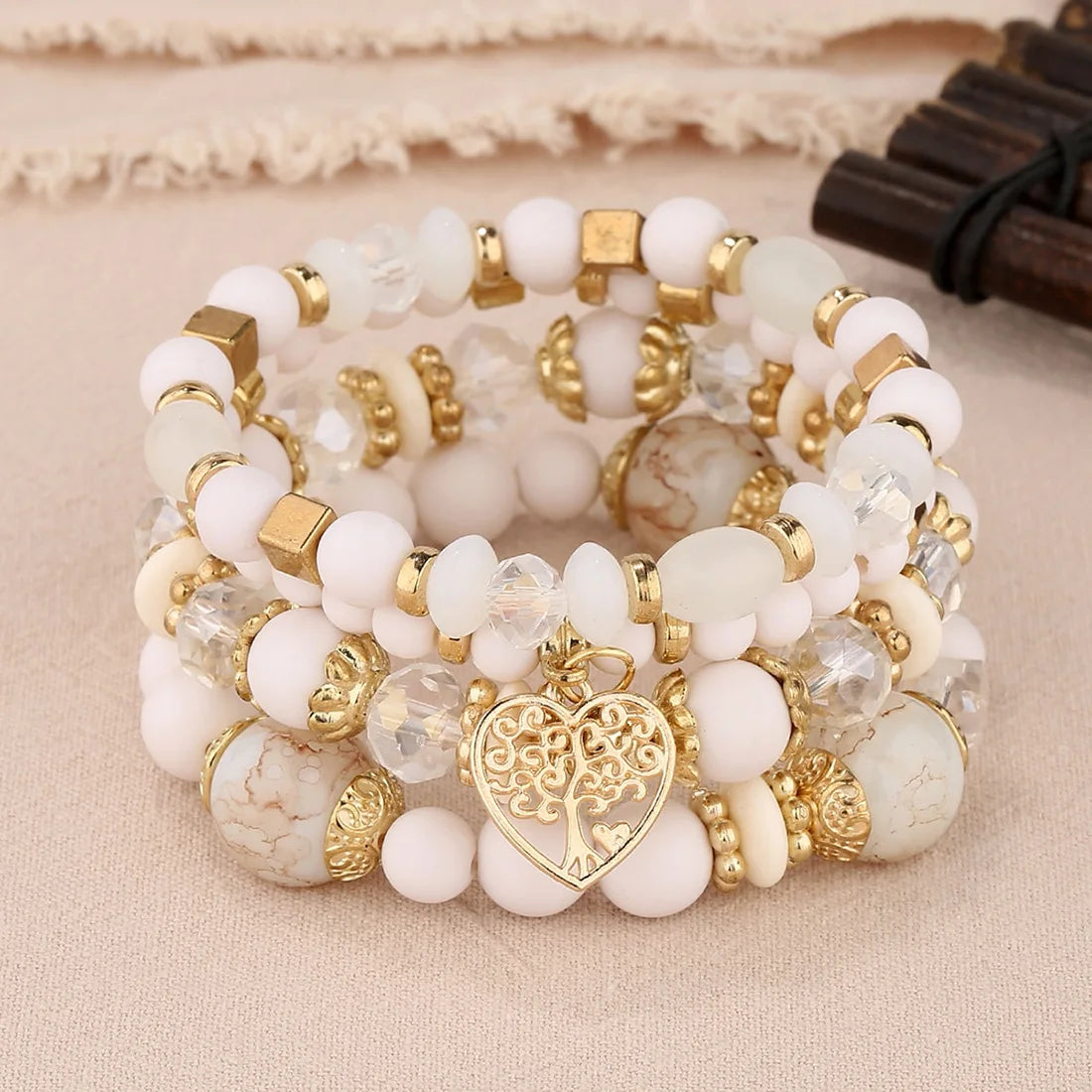 4 Stück Lebensbaum Herz Armband Set Für Frauen Acryl Glasperlen Kette Elastisches Armband Weibliche Mode Party Schmuck