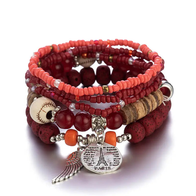 Boho Lebensbaum-Armband-Set für Frauen, modische Quasten, Charms, Holzperlen, elastische Kette, Armreif, trendiger Party-Schmuck für Mädchen