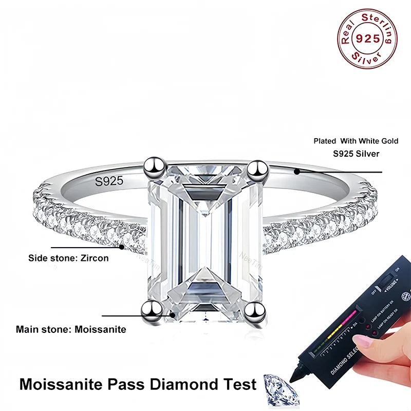 Anillo de moissanita NeeTim 1CT 2CT talla esmeralda radiante para mujer, compromiso, boda, laboratorio de diamantes de plata de ley 925, anillos de joyería