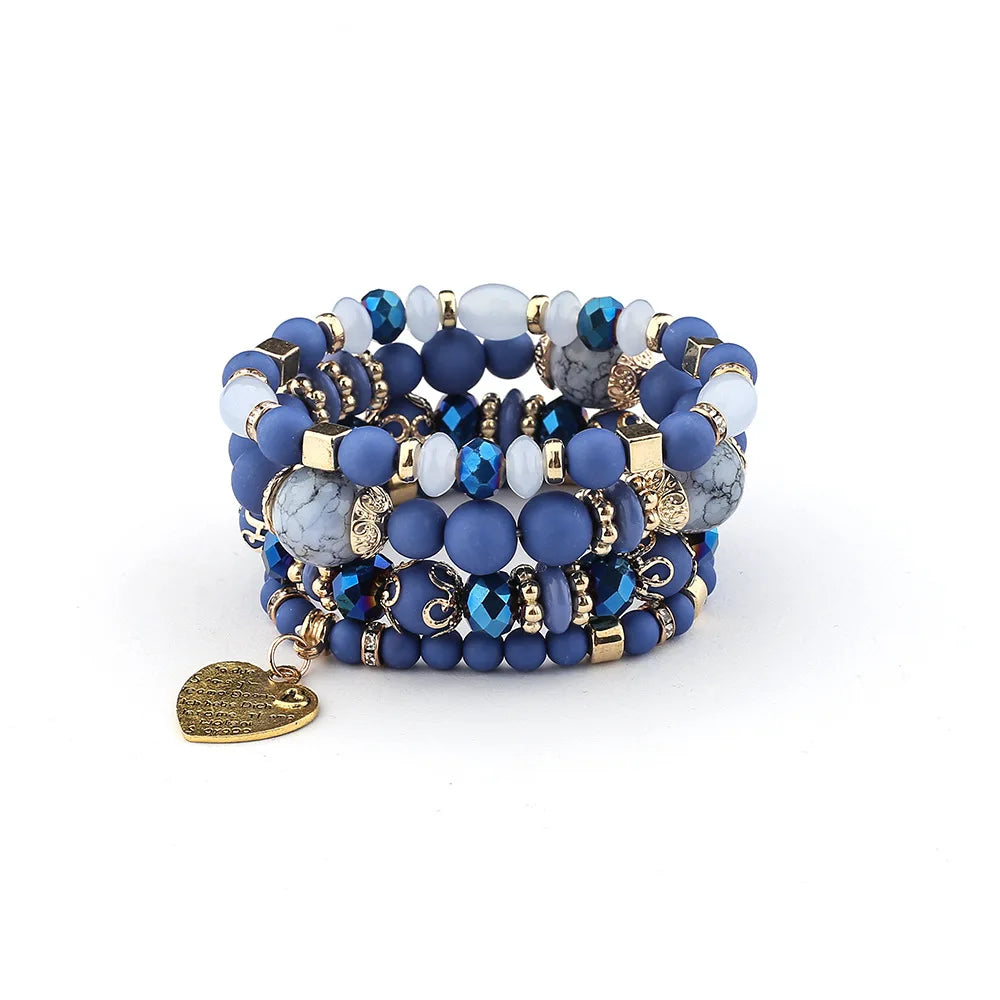 4-teiliges Set Boho Ethno Herz Perlenarmband Set für Damen Handgemachte Kristallperlenkette Armreif Weiblicher Böhmischer Schmuck Geschenk