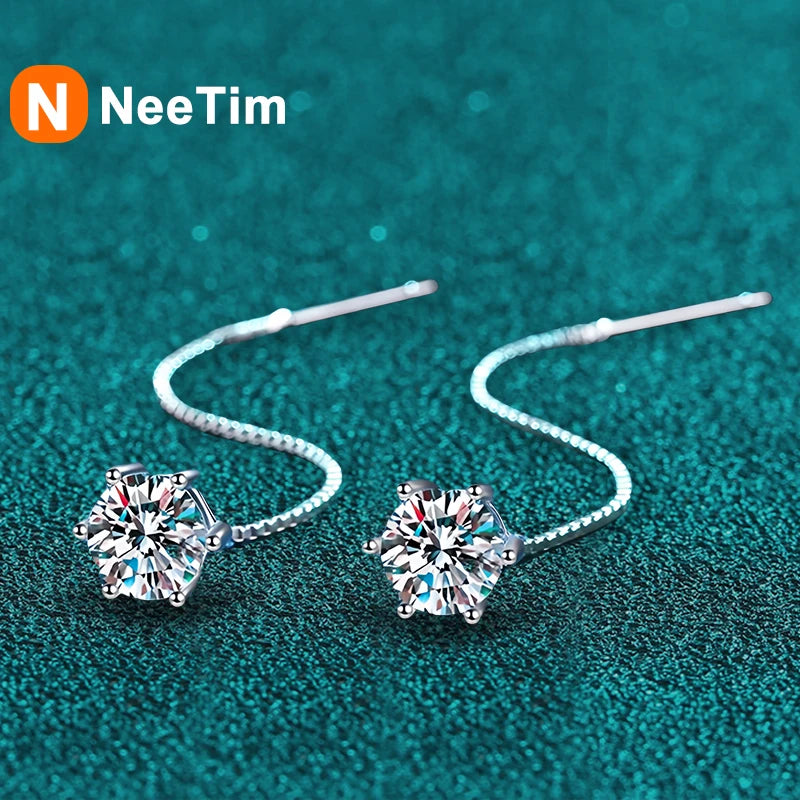 NeeTim 1CT Moissanit Ohrringe S925 Sterling Silber Weißgold plattiert Ohrdraht Linie Tropfen Ohrringe Creolen Hochzeit Edelschmuck