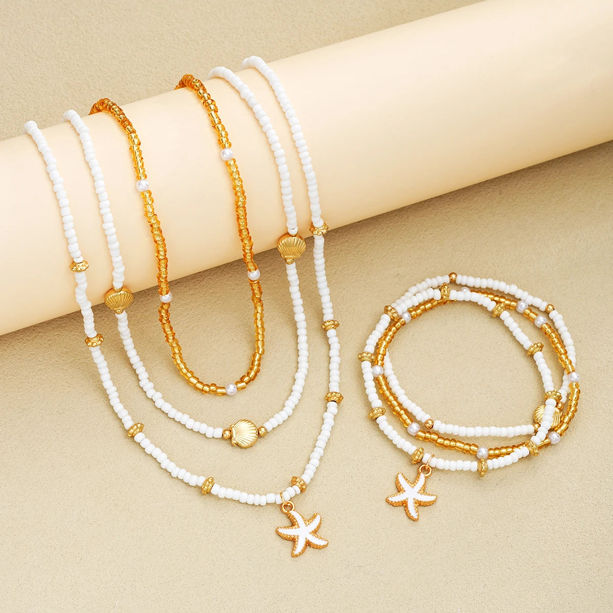 6 Teile/Set Reisperlen Muschel Seestern Anhänger Halskette Armbänder Bohemian Elegantes Gold Weiß Farbe Schmuck Set Urlaub Zubehör