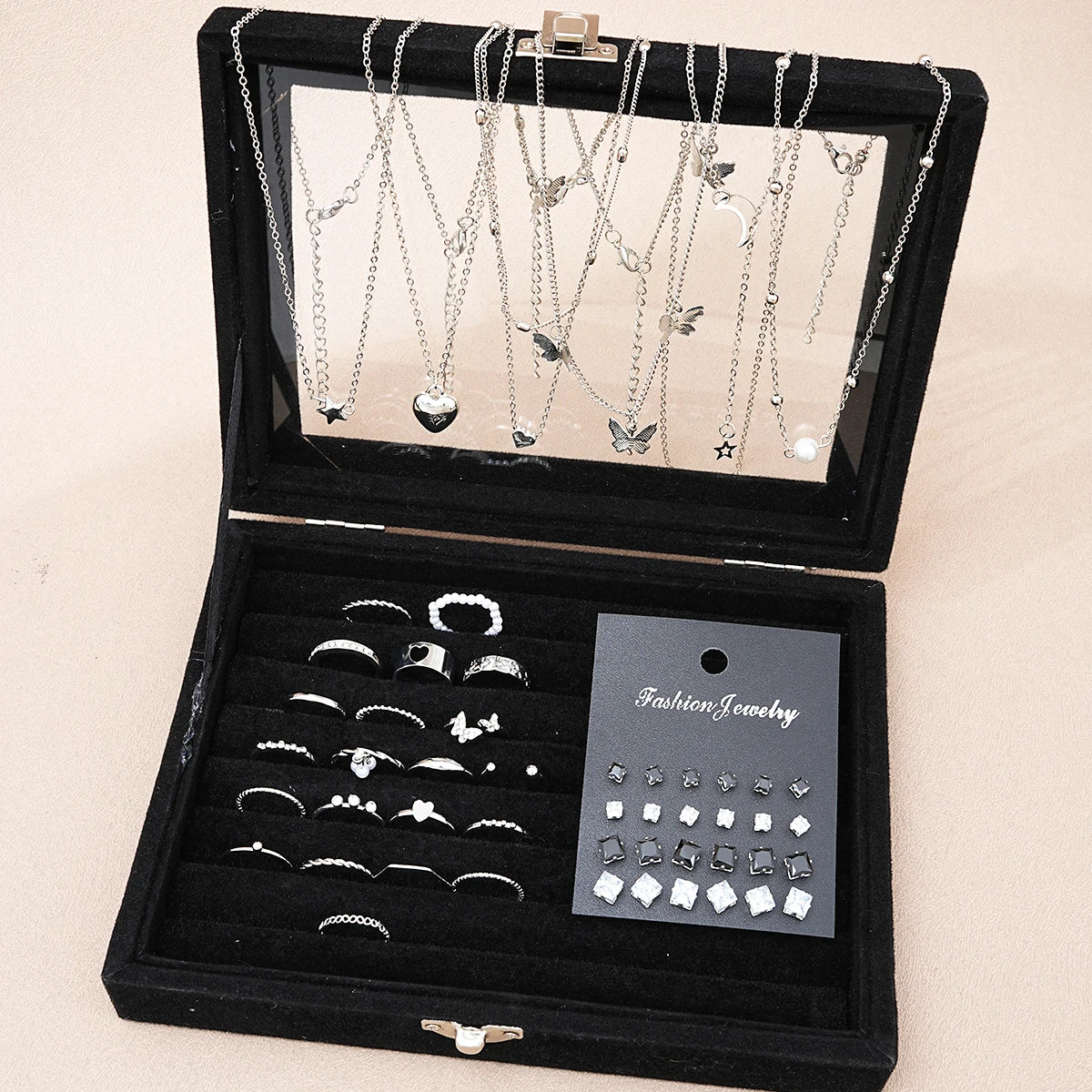 51-teiliges Set, silbern, schickes Schmuckset für Damen, modische Schmetterlings-, Herz- und Perlenketten, Ohrringe, Ringe, passend zu alltäglichen Outfits