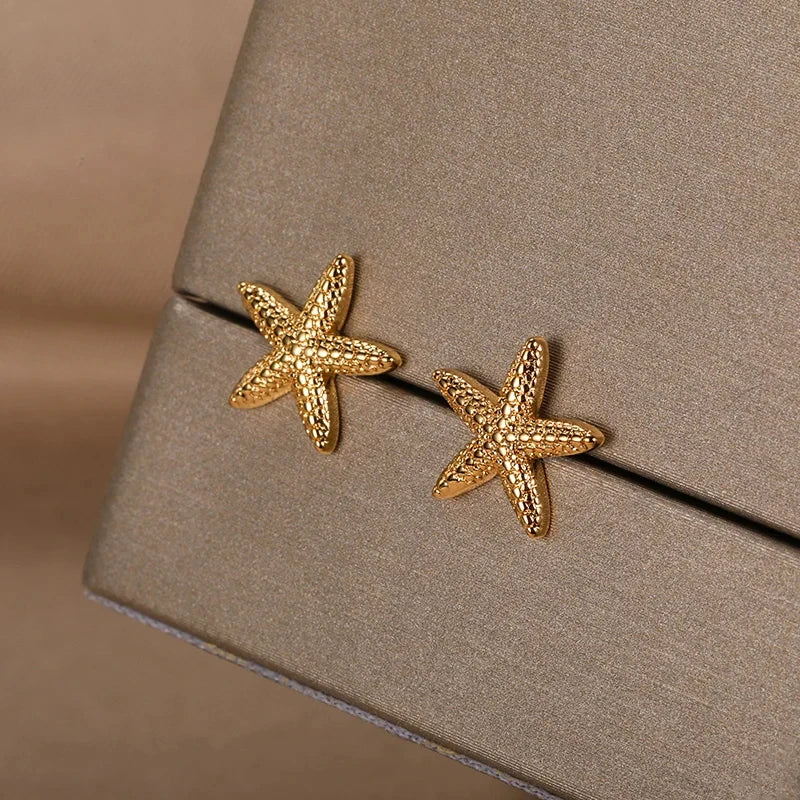 Pendientes de acero inoxidable con forma de estrella de mar vintage para mujer, aretes sencillos con forma de concha de estrella, joyería de fiesta oceánica, regalo 2025
