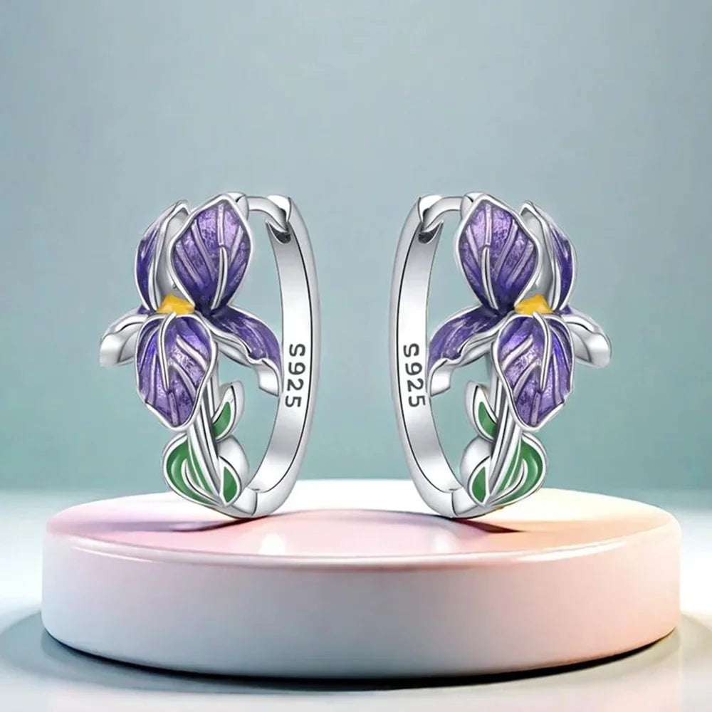 925 Plata Esterlina Serie de Flores Moradas Pendientes Joyas Aretes Versátiles para Mujer Joyería Fina Regalos de Fiesta de Cumpleaños