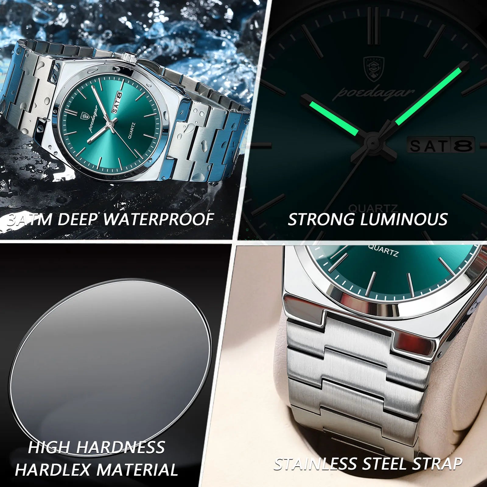 POEDAGAR Reloj de Pulsera de Cuarzo Deportivo de Lujo para Hombre, Impermeable, Luminoso, Fecha, Semana, Relojes para Hombres, Acero Inoxidable, Reloj de Hombre Masculino + caja