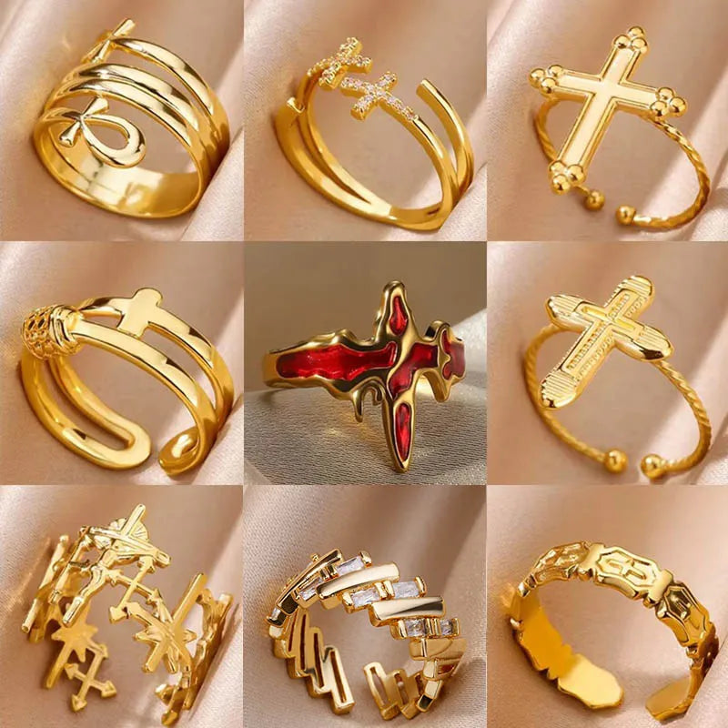 Edelstahl Kreuzringe für Frauen Vintage Gold Farbe Öffnung Kreuz Fingerring Party Hochzeit Schmuck Geschenk anillos mujer