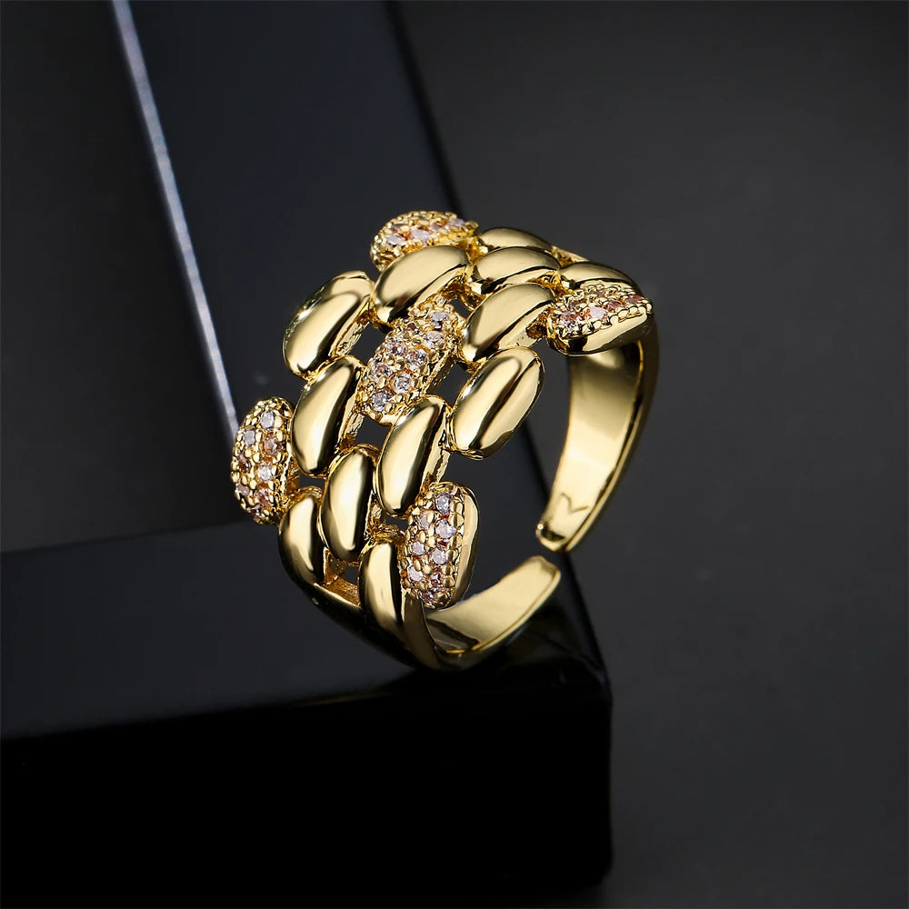 NEWBUY Trendiger Goldfarben Kupfer Geometrischer Schmuck Luxuriöser AAA Zirkonia Ehering Für Elegante Frauen Verlobungsgeschenk