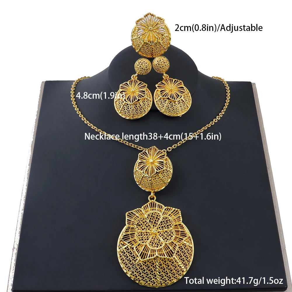 24 Karat goldfarbenes Party-Halskette-Ohrringe-Ringe-Set, luxuriöse Goldschmuck-Sets für Damen, Hochzeitsfeier-Accessoires