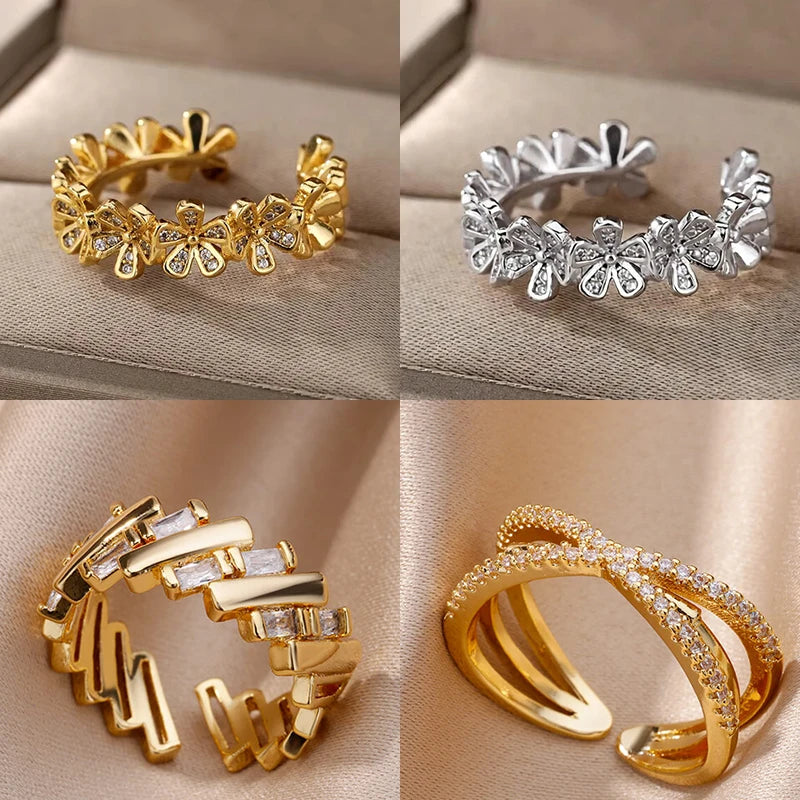 Damen Blumen Offene Ringe Für Frauen Edelstahl Zirkonia Blumen Offener Verstellbarer Ring Schmuck Studenten Mädchen Geschenk