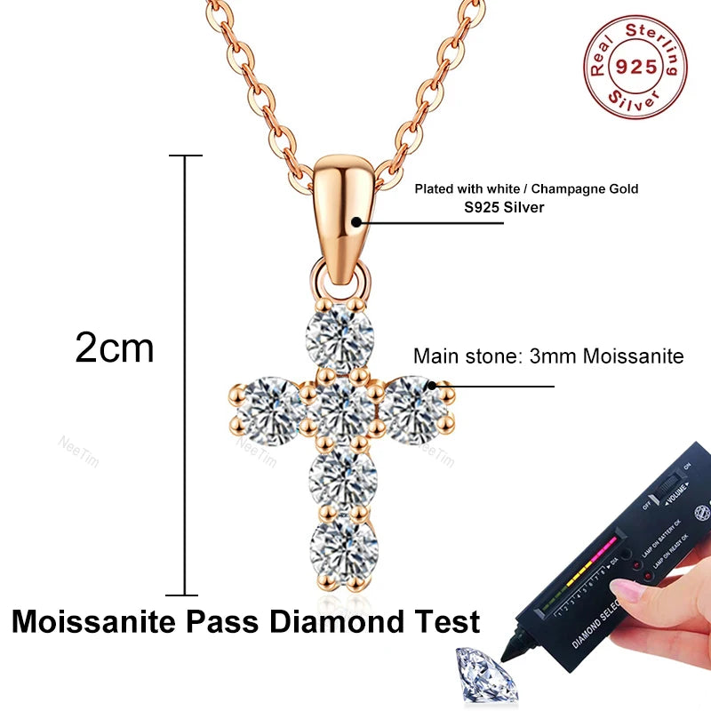 NeeTim Collar de Cruz de Moissanita D VVS1 de 3 mm para Mujer, Diamante de Laboratorio, Plata de Ley 925, Colgante de Boda, Collares Certificados