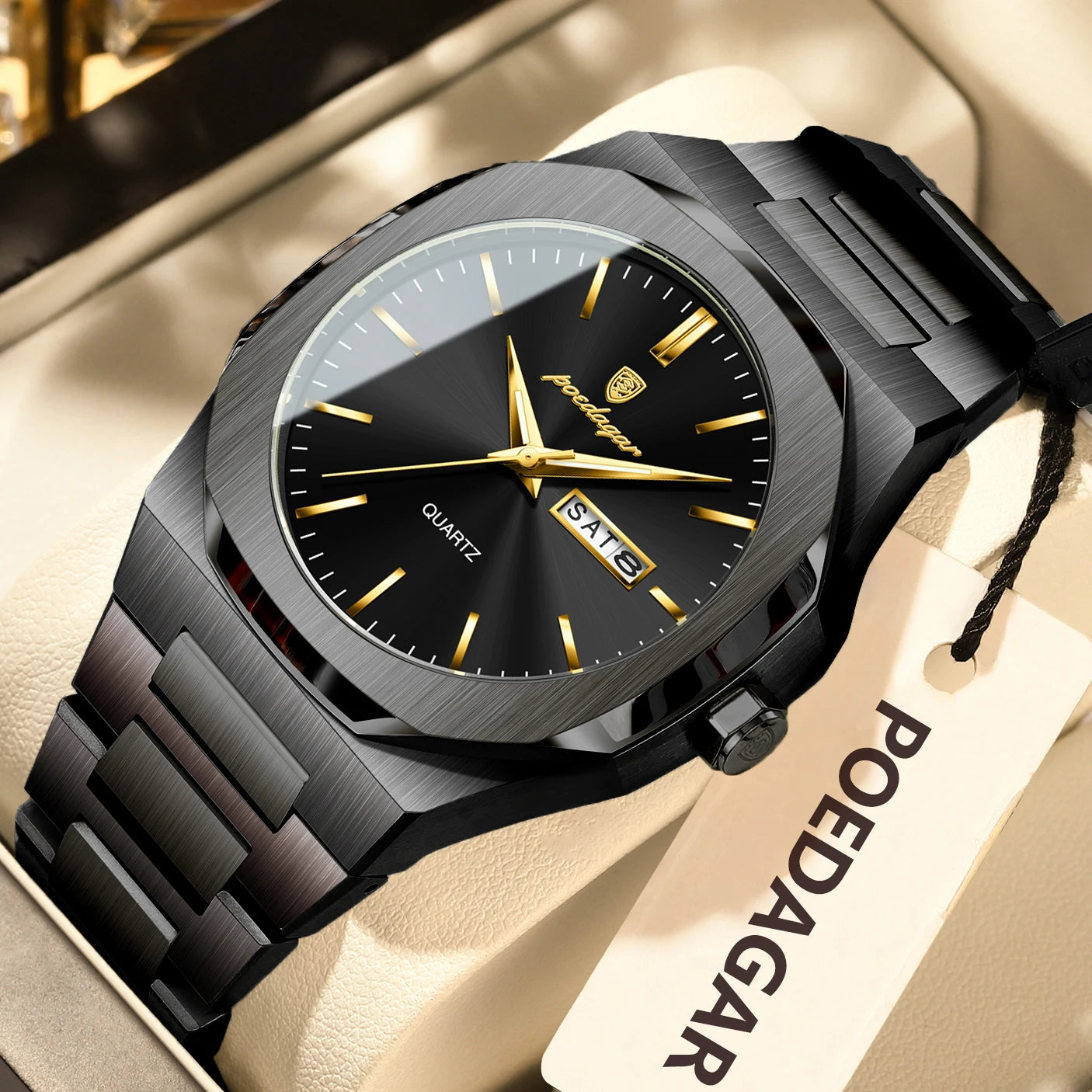 Reloj de hombre de marca de moda POEDAGAR, impermeable, luminoso, de acero inoxidable, para hombres, fecha, semana, informal, de cuarzo, Reloj de hombre