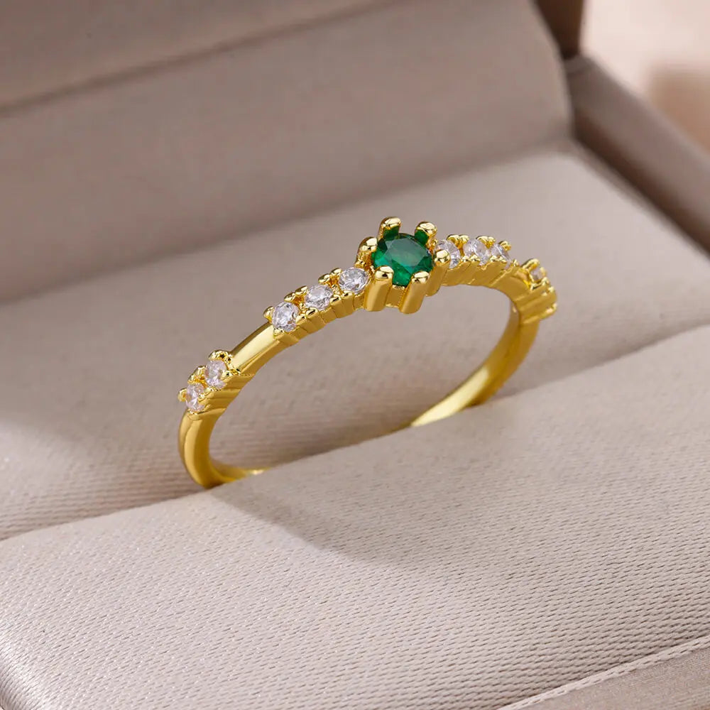 Winzige grüne Zirkon-Rundringe für Frauen, geometrischer Edelstahlring, luxuriöser Hochzeits-Weihnachtsschmuck, Geschenk, kostenloser Versand