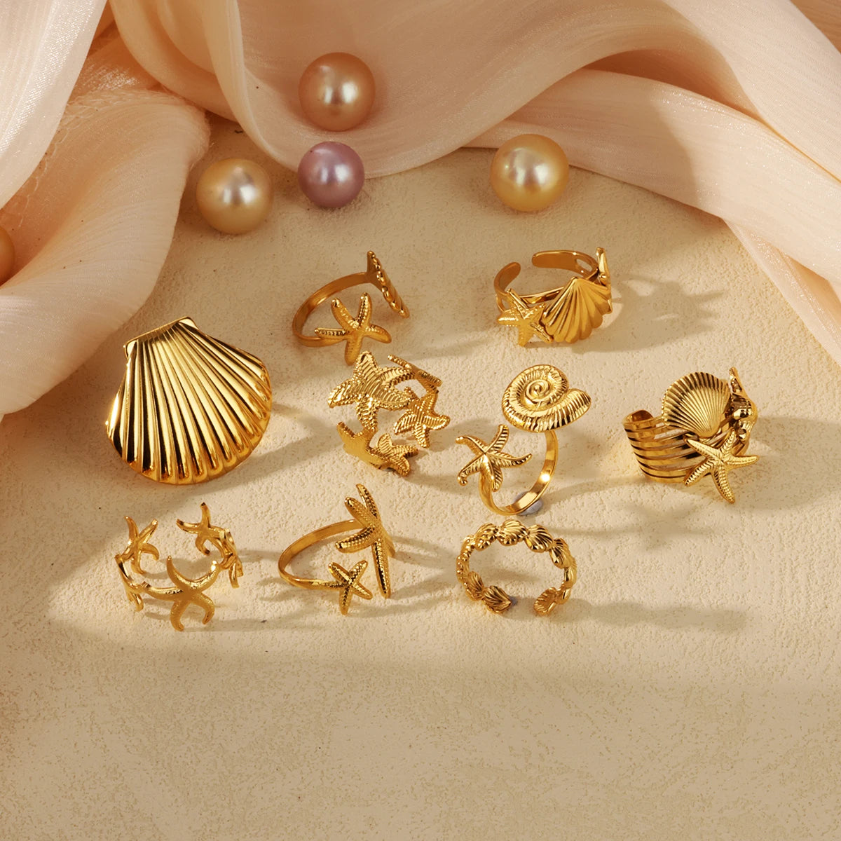 316L Edelstahl Seestern Muschel Ringe für Frauen Gold Farbe Offener Fingerring Femme Trendiger Sommerurlaub Ozean Schmuck Geschenk