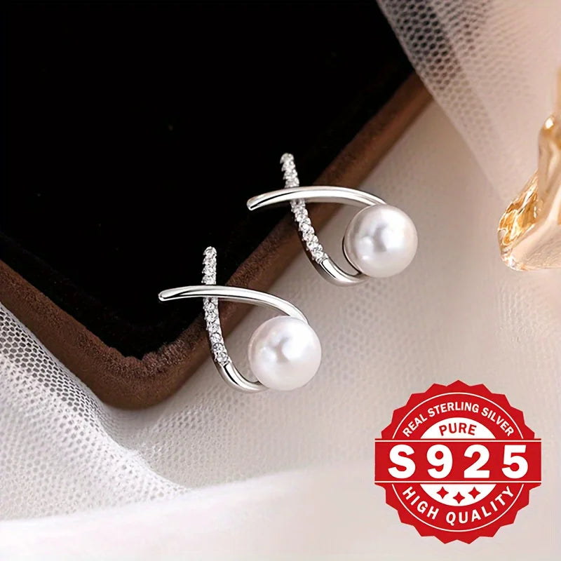 S925 Silber, Damen Kreuz-Schwanz Muschel-Perlenohrringe, mit synthetischem Zirkon besetzt, elegant und alltagstauglich