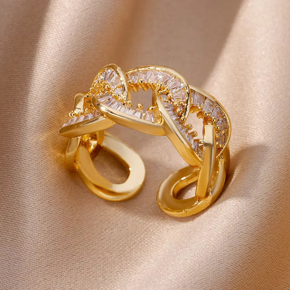 Ringe Goldfarbe Zirkonia Chic Ringe Für Frauen 2025 Punk Elegante Hochzeitsparty Ästhetischer Edelstahlring Schmuck