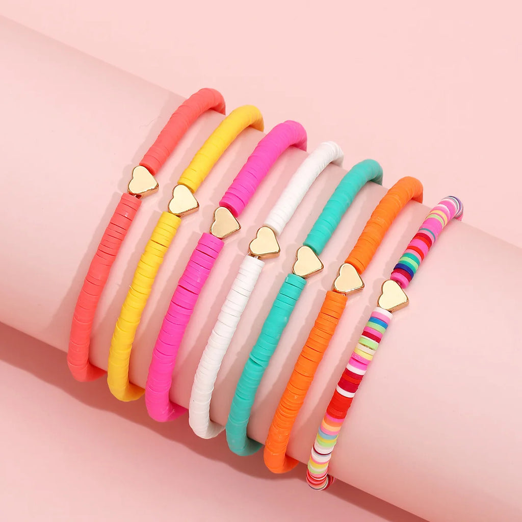 7Pcs Colorful Stackable Anklet Set For Women Heart Charm Soft Clay Pottery Layering Ankle Bracelet Girls Summer Beach Jewelry