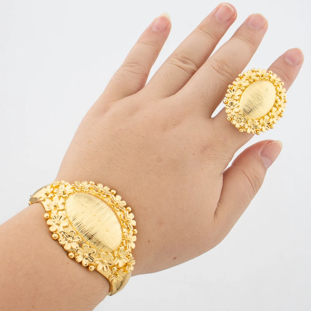 Leoparden-Design Armreif und Ring Schmuckset Vergoldet Afrikanisches Armband Verstellbarer Ring Hochzeiten Brautschmuck Accessoires