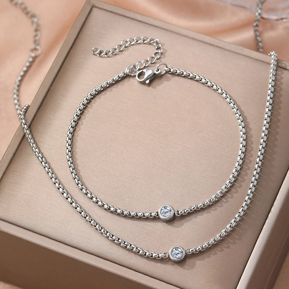 Boho Perlenkette Zirkon Armband und Halskette Set, Wasserdichter Edelstahl Damenschmuck, Geschenk für Ehefrau Freundin